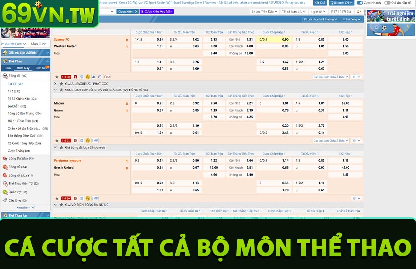 Cá cược tất cả các bộ môn thể thao