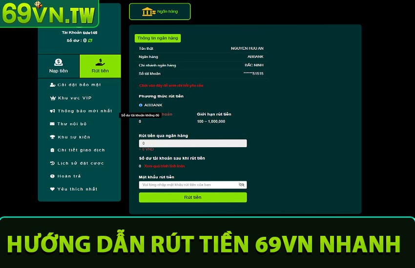 Hướng dẫn thủ tục rút tiền 69VN nhanh chóng, dễ dàng
